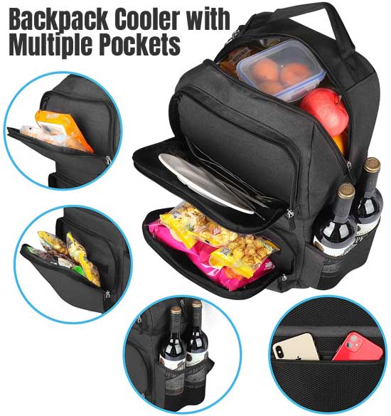 Dual Compartment Cooler Backpack with Outer Pockets for Wine, Dry Food, Snacks, Utensils
