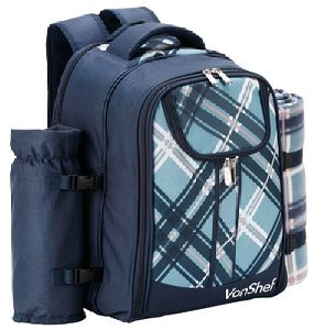 Plaid Picnic Backpack Cooler with Blanket Carrier and Bottle Holder