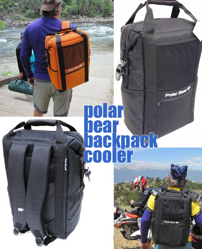 Polar Bear Backpack Cooler in Orange and Black, Back and Front Views